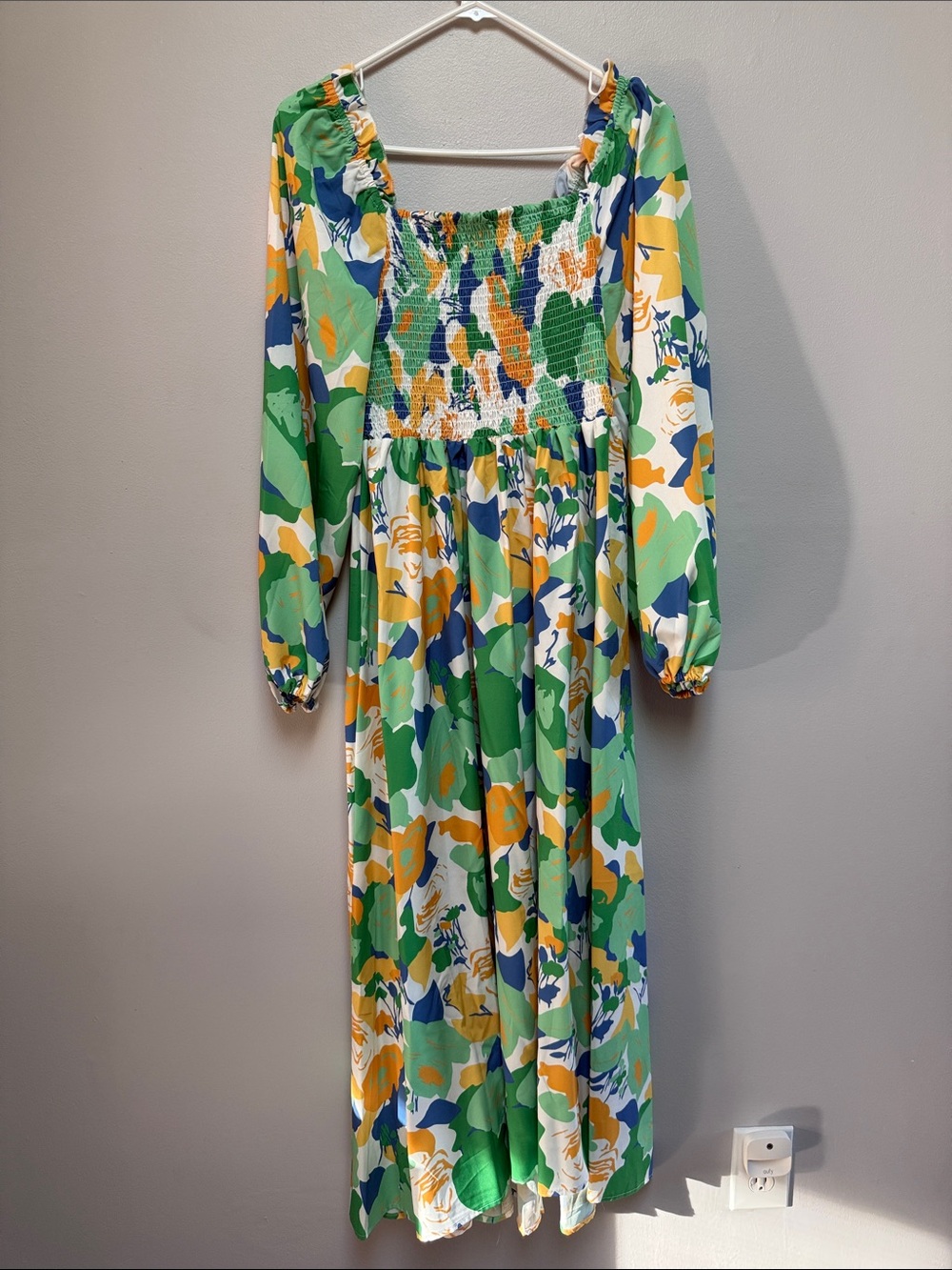 Smocked Floral Maxi Dress in Green and Yellow